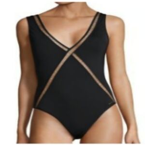 Michael Kors Black Sheer Crossed Lattice Deep V-neck Low Back One-piece Swimsuit